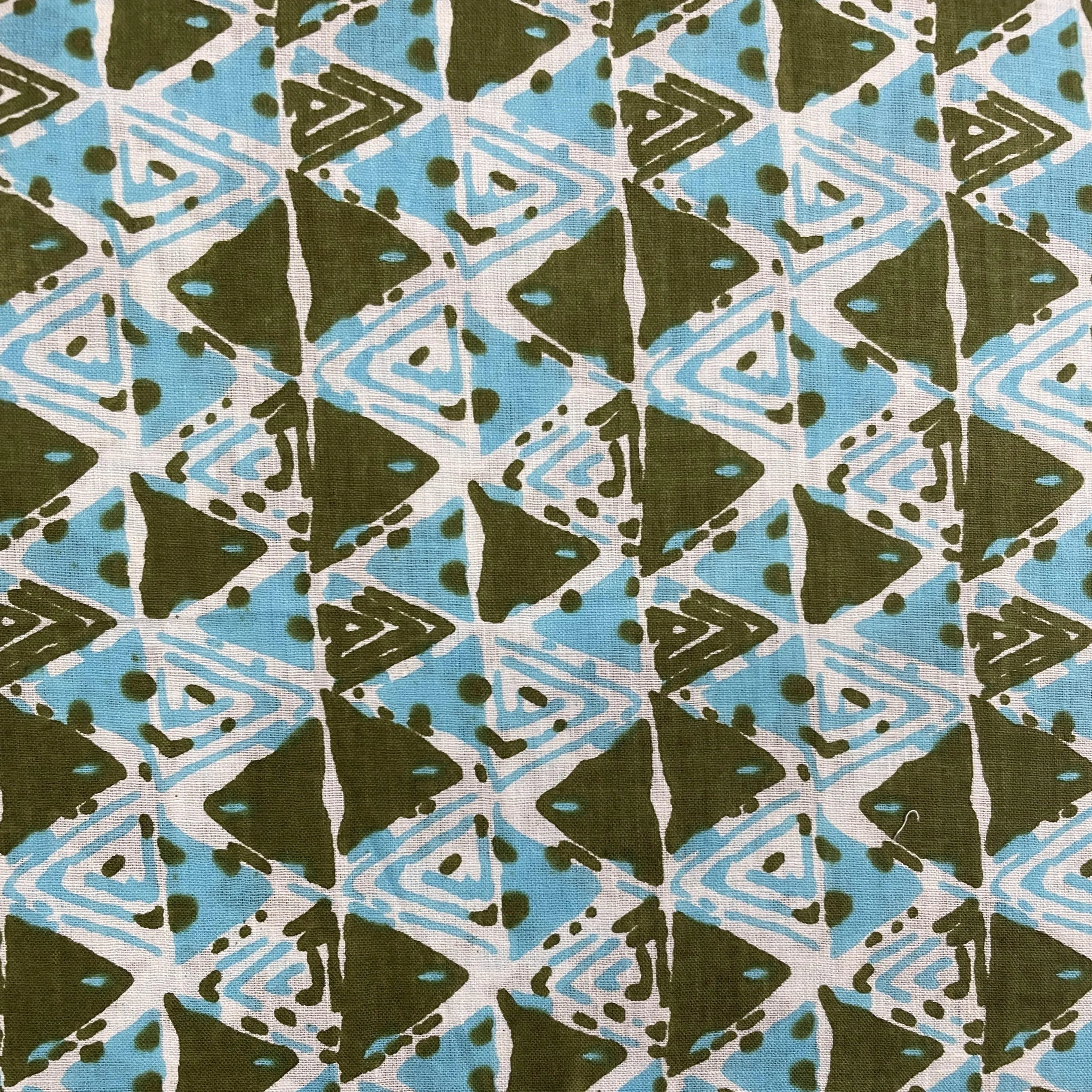 White With Green & Blue Handblock Print Cotton Fabric