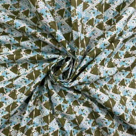 White With Green & Blue Handblock Print Cotton Fabric