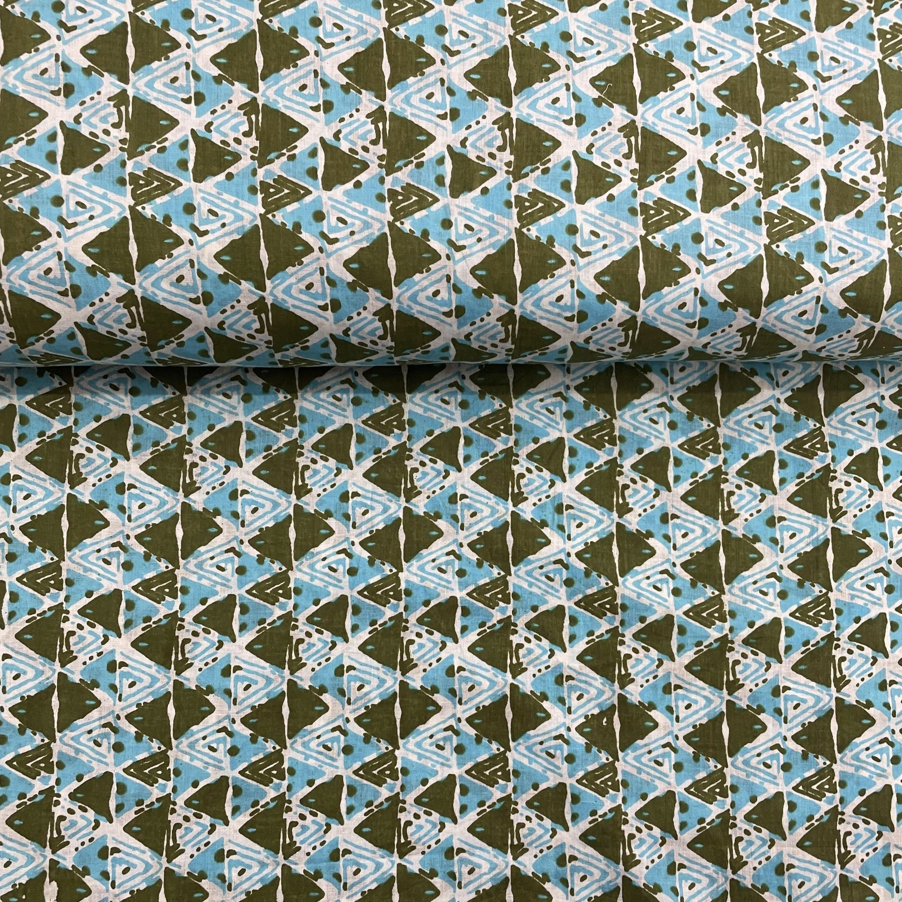 White With Green & Blue Handblock Print Cotton Fabric