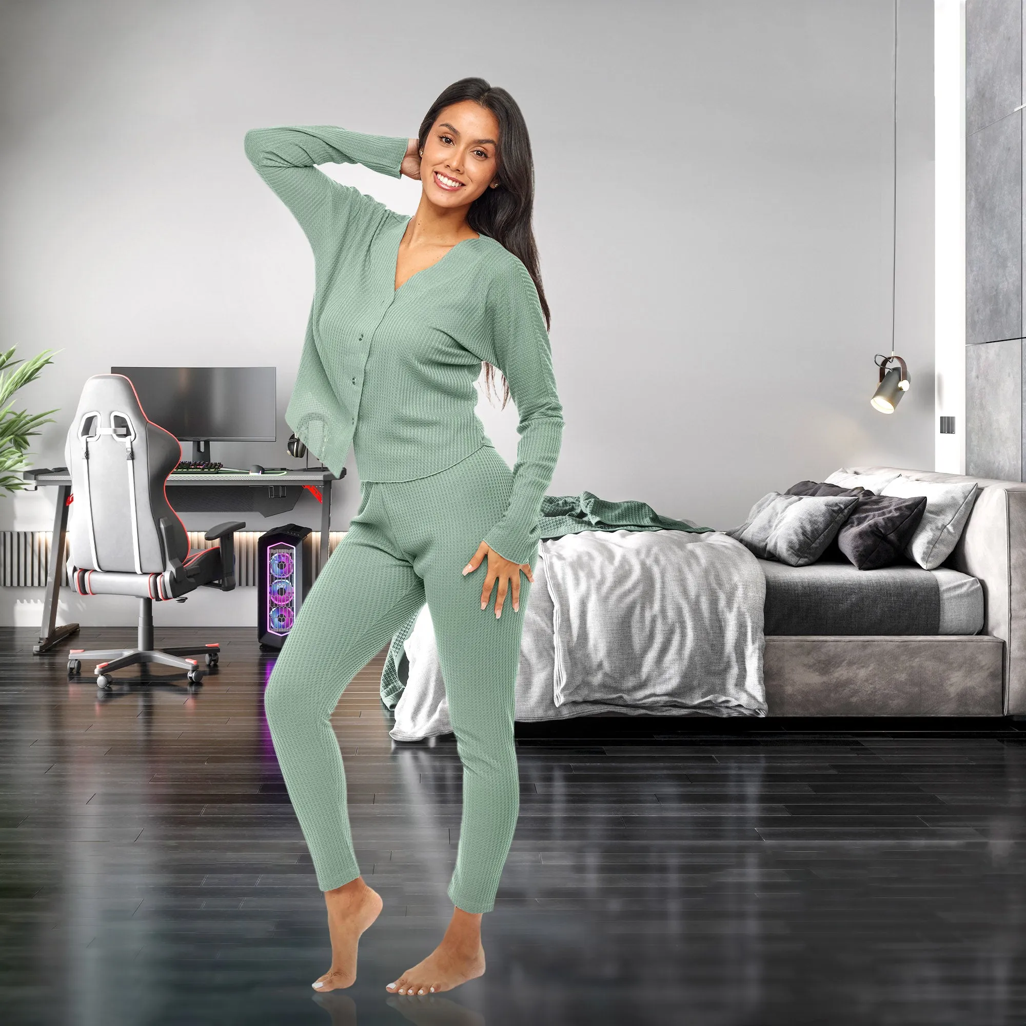 Women's Knit Pajamas Set, Button Down Drop Shoulder Top and Leggings PJ Pants