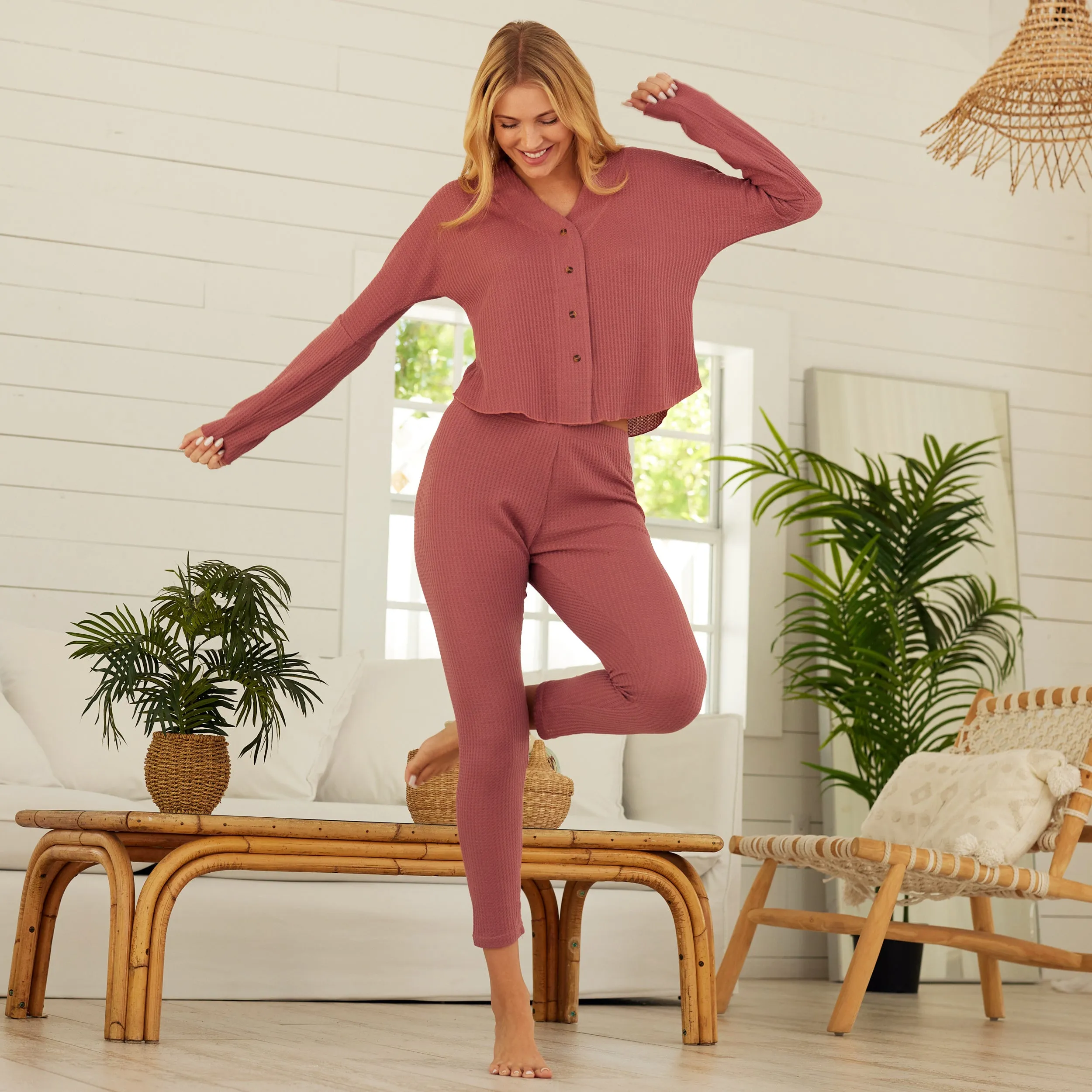 Women's Knit Pajamas Set, Button Down Drop Shoulder Top and Leggings PJ Pants