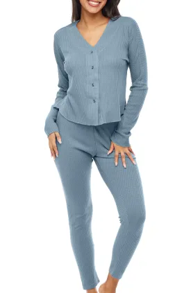 Women's Knit Pajamas Set, Button Down Drop Shoulder Top and Leggings PJ Pants